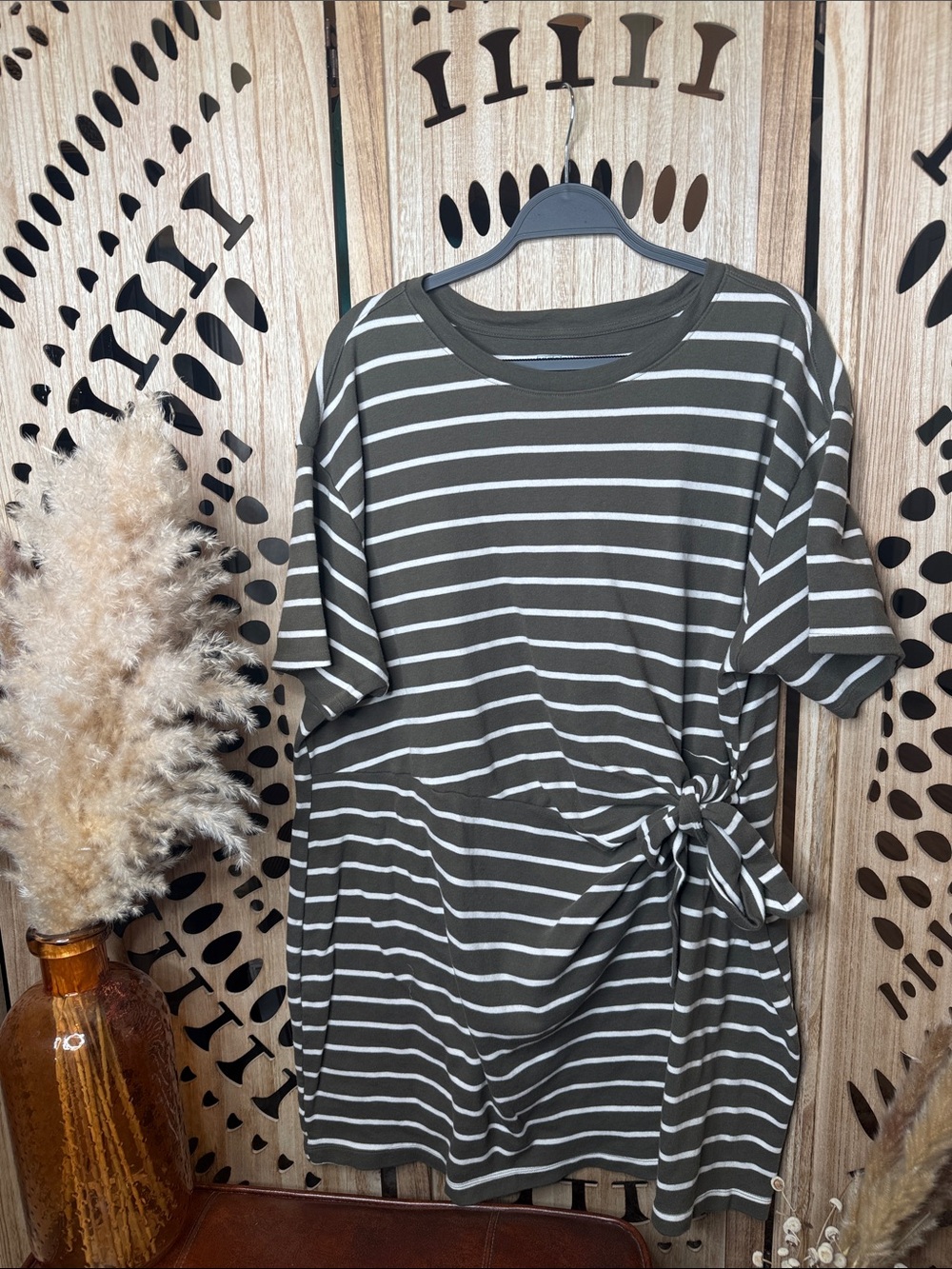 Terra & Sky Olive and White Striped Side-Tie Mini Dress